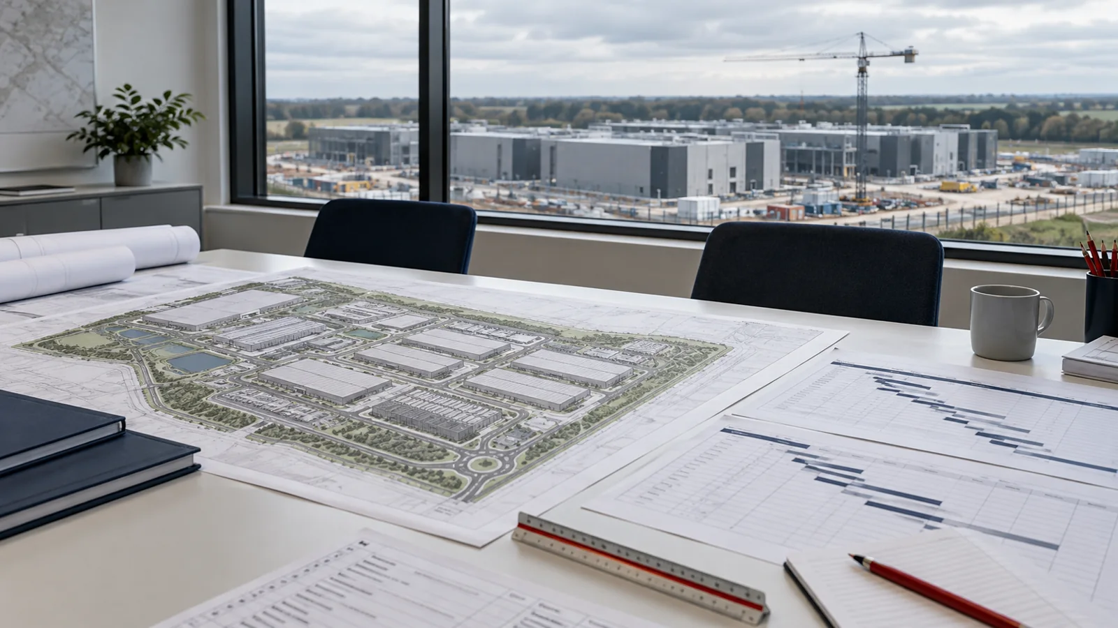 Illustrative planning desk overlooking a fictional data centre construction campus.