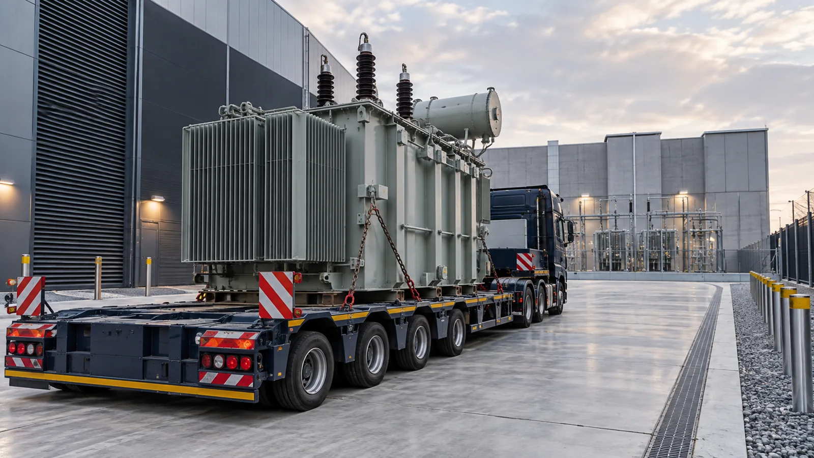 Illustrative transformer delivery at a fictional data centre equipment yard.