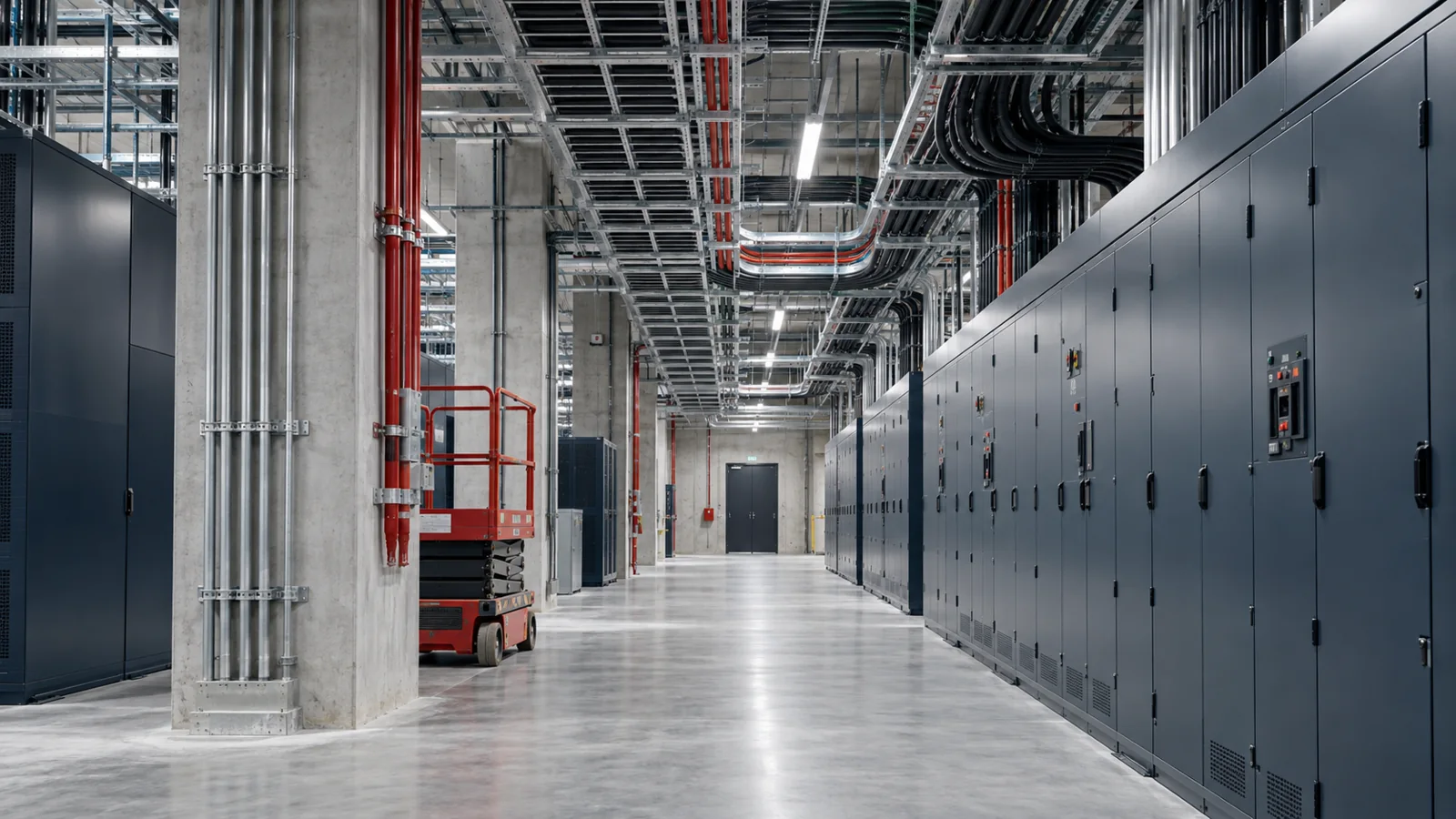 Illustrative electrical service corridor with cable containment and closed cabinets.