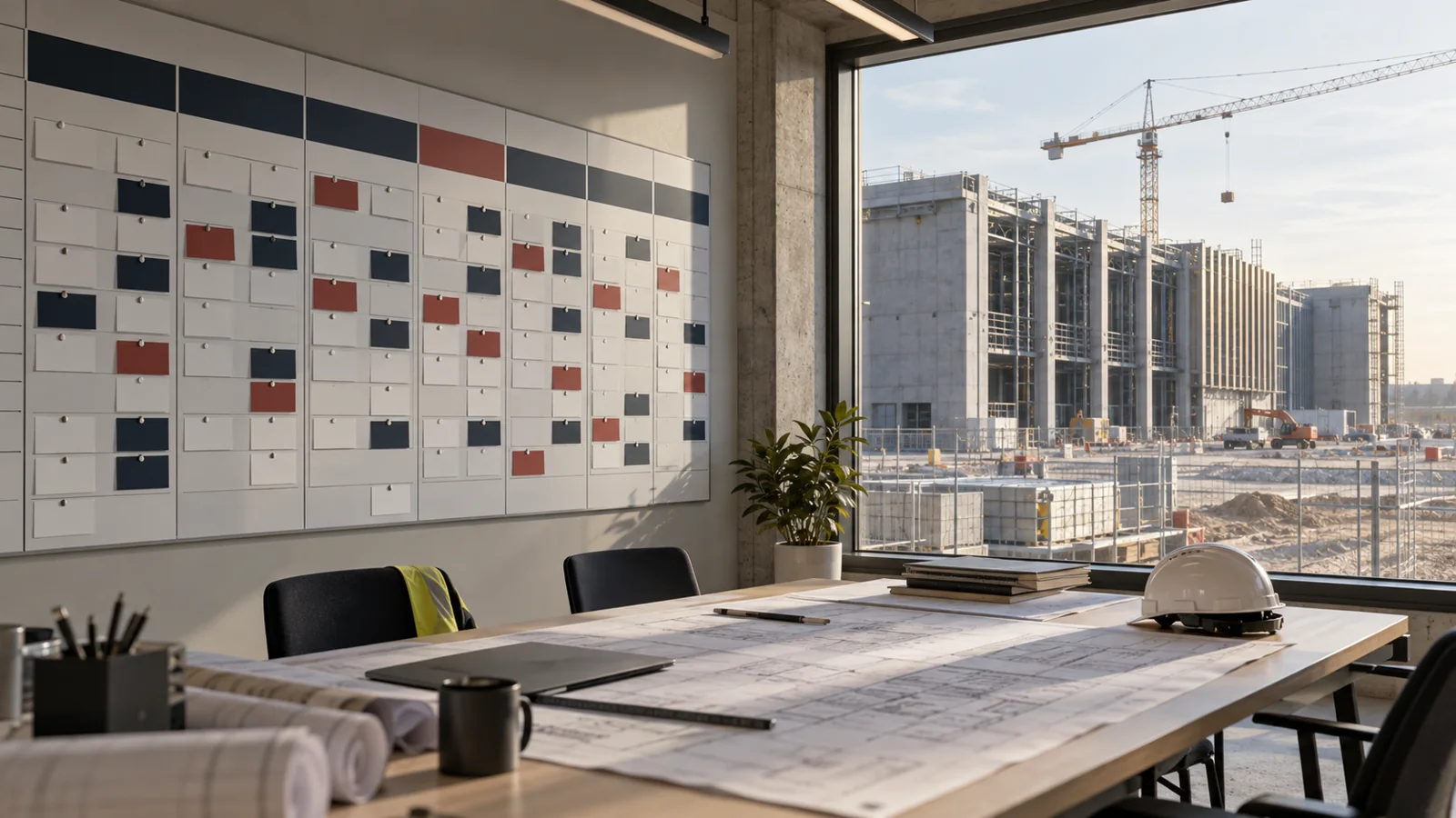 Illustrative weekly planning board in a fictional construction project office.
