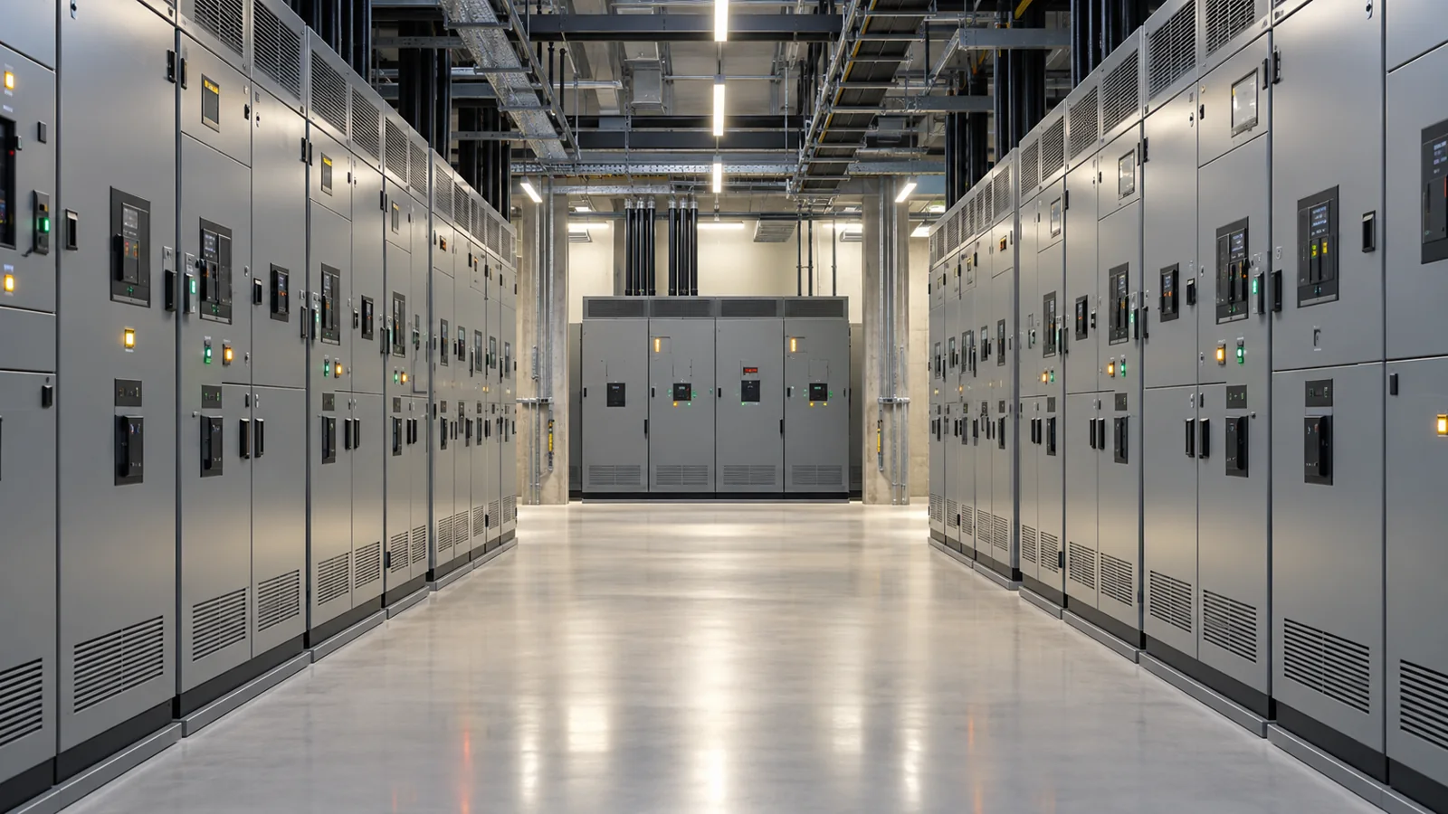 Illustrative completed switchgear room with closed cabinets and clear access.