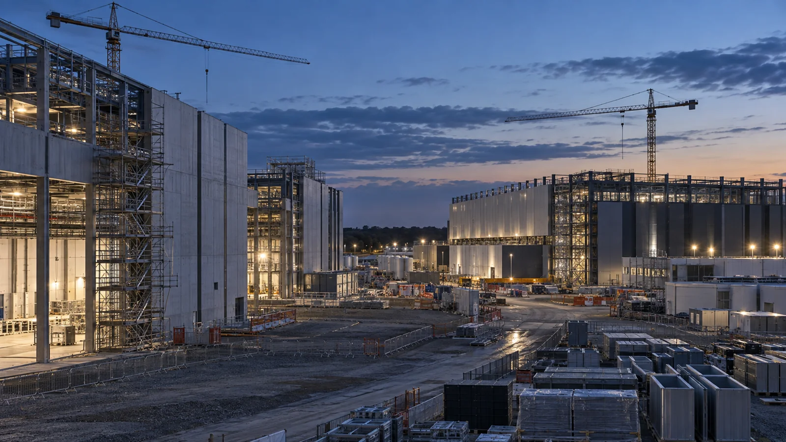 Illustrative data centre construction campus with several distinct workfronts at dusk.