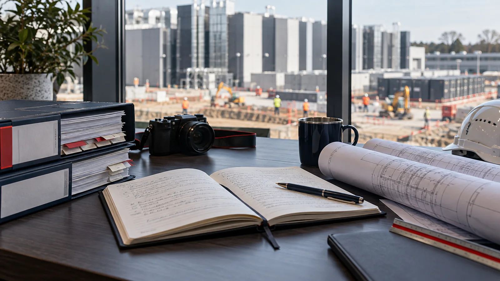 Illustrative site diary and project records on a construction office desk.