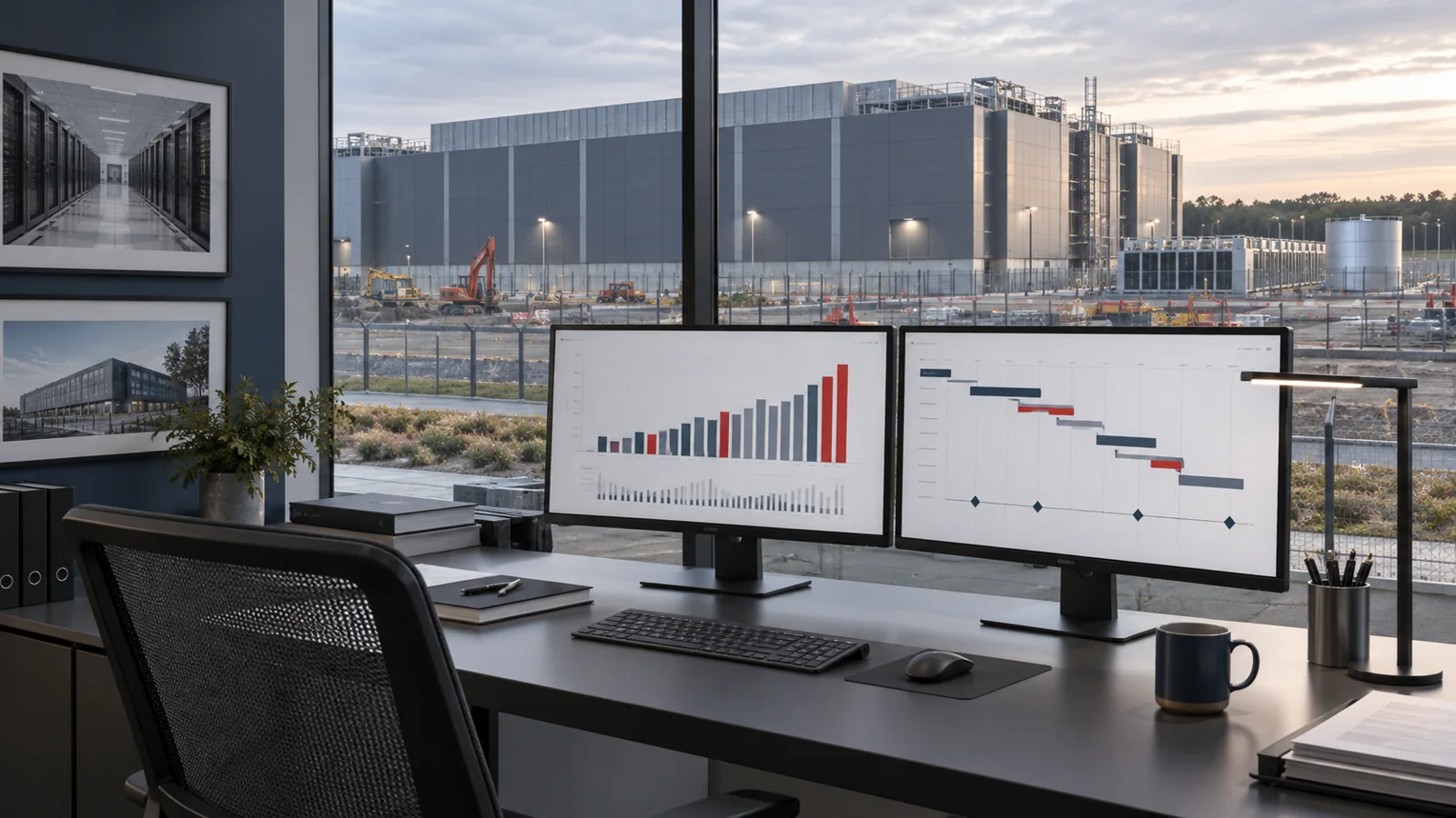 Illustrative project controls office with abstract programme and progress charts.