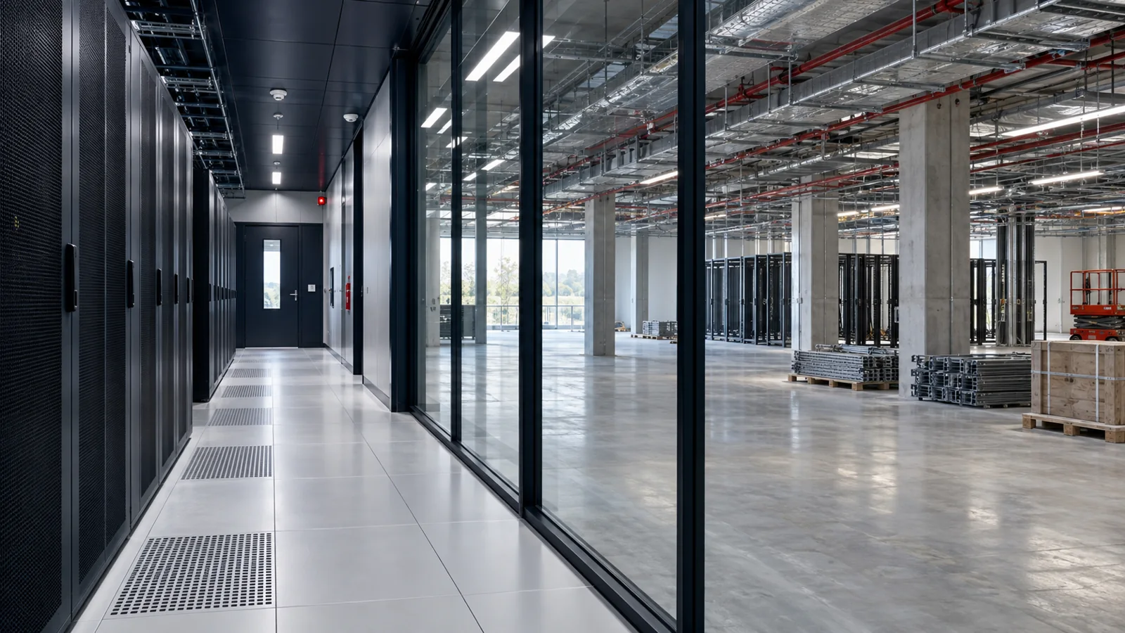 Illustrative separation between a completed data centre corridor and an unfinished fit-out zone.